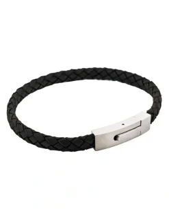 Cudworth Braided Suede & Steel Calabria Bracelet, 21.5cm x 6mm, Nero