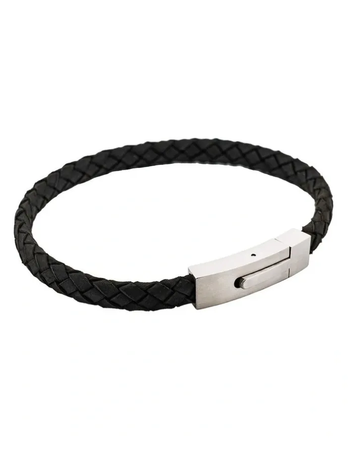 Cudworth Braided Suede & Steel Calabria Bracelet, 21.5cm x 6mm, Nero