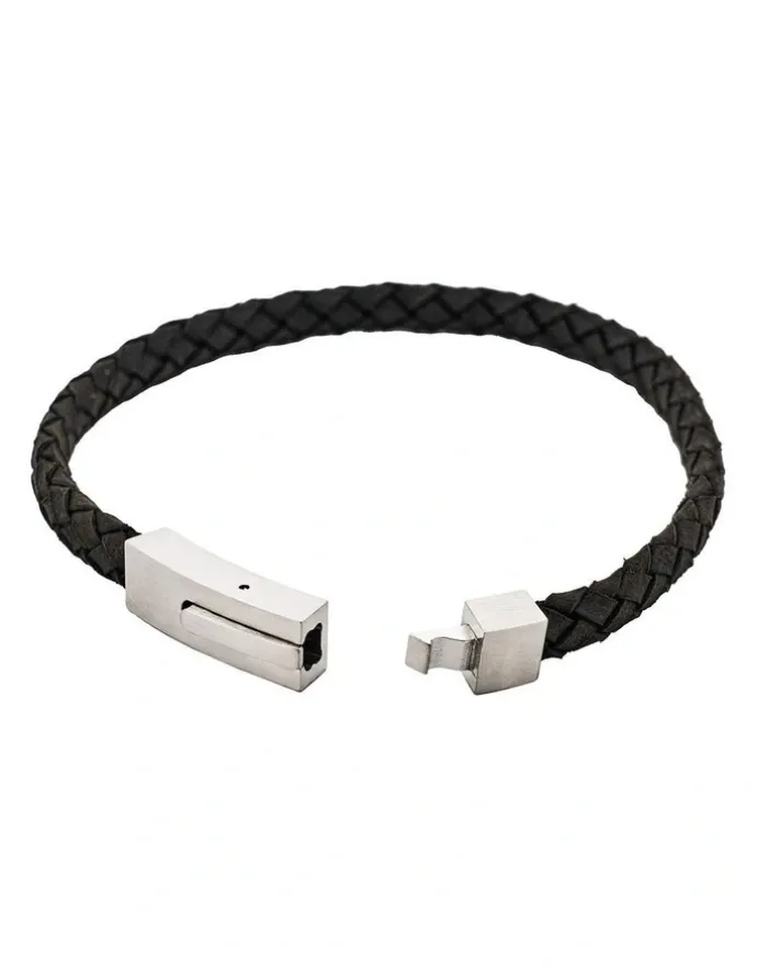 Cudworth Braided Suede & Steel Calabria Bracelet, 21.5cm x 6mm, Nero