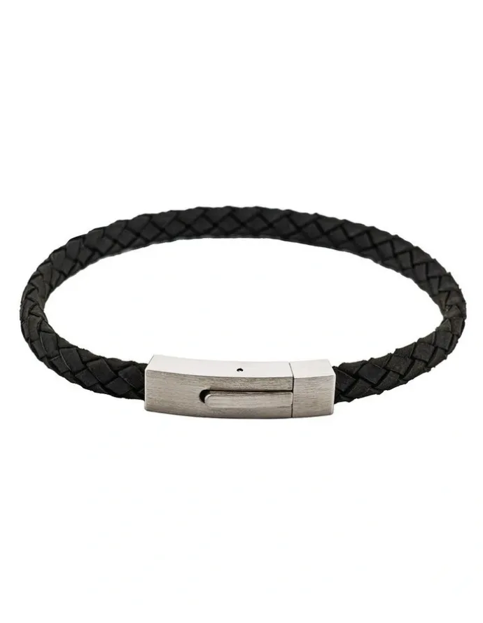 Cudworth Braided Suede & Steel Calabria Bracelet, 21.5cm x 6mm, Nero