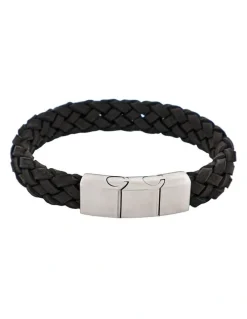 Cudworth Braided Suede Italian Leather & Brushed Stainless Steel Bracelet in Black