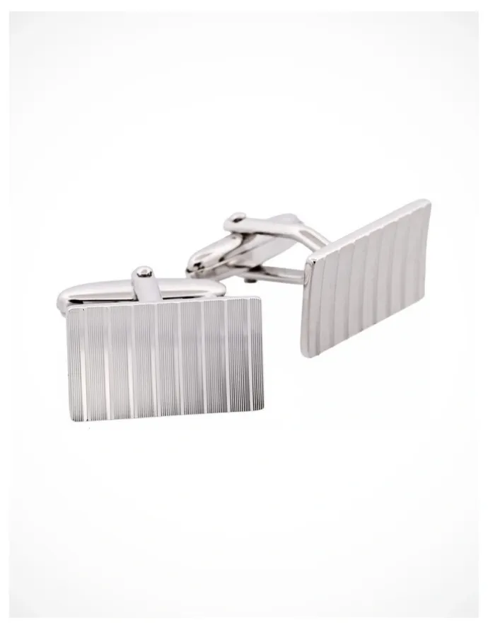 Cudworth Brushed Rhodium Plated Diamond Cut Striped Rectangle Cufflinks in Silver