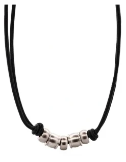 Cudworth Brushed Stainless Steel Bead Pendant on Leather Chain in Silver