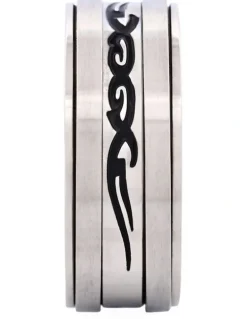Cudworth Brushed Stainless Steel Spinner Ring with Enamel Etched Centre in Black
