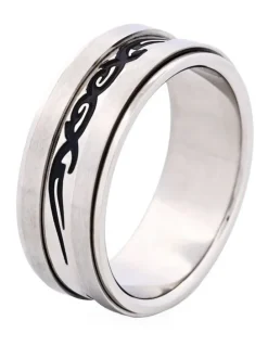 Cudworth Brushed Stainless Steel Spinner Ring with Enamel Etched Centre in Black