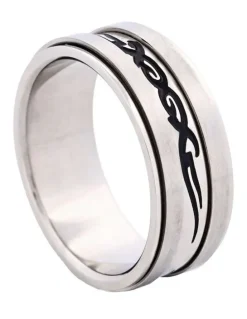Cudworth Brushed Stainless Steel Spinner Ring with Enamel Etched Centre in Black