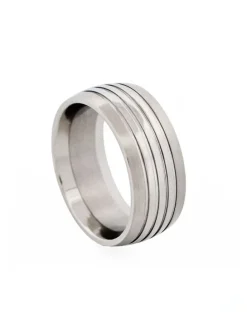 Cudworth Brushed Stainless Steel With Polished Triple Centre Band Ring in Silver