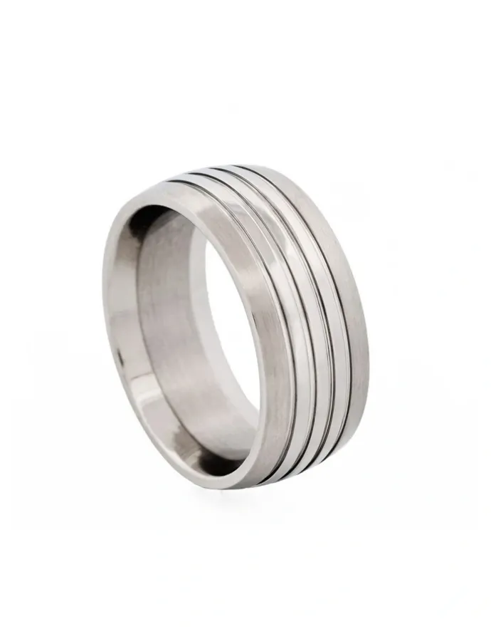 Cudworth Brushed Stainless Steel With Polished Triple Centre Band Ring in Silver