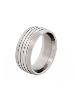 Cudworth Brushed Stainless Steel With Polished Triple Centre Band Ring in Silver