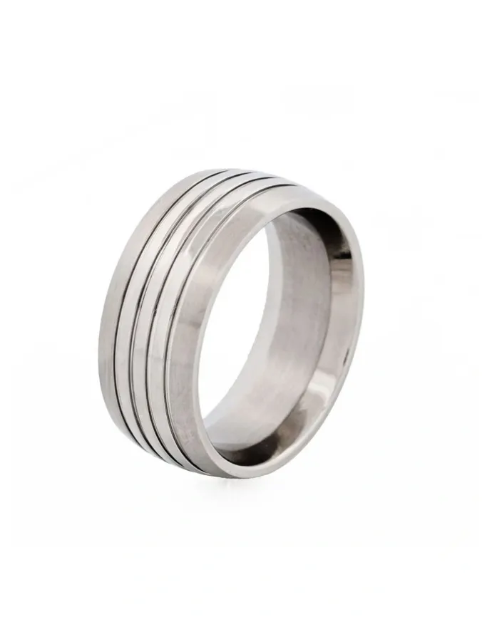 Cudworth Brushed Stainless Steel With Polished Triple Centre Band Ring in Silver