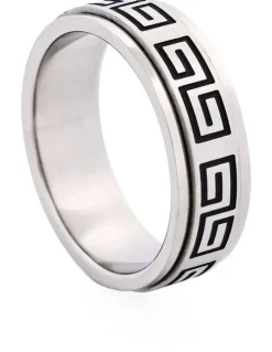 Cudworth Brushed Stainless Steel Ring with Black Enamel Greek Key Pattern in Black
