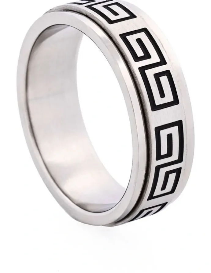 Cudworth Brushed Stainless Steel Ring with Black Enamel Greek Key Pattern in Black