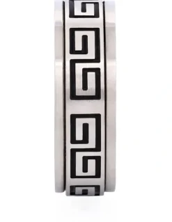 Cudworth Brushed Stainless Steel Ring with Black Enamel Greek Key Pattern in Black