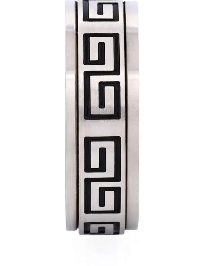 Cudworth Brushed Stainless Steel Ring with Black Enamel Greek Key Pattern in Black