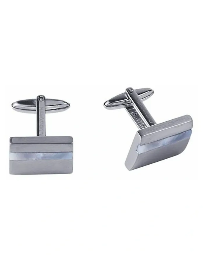 Cudworth Brushed Stainless Steel Curved Face & Mother Of Pearl Cufflinks in Silver