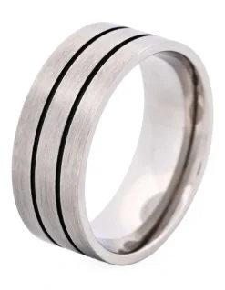 Cudworth Brushed Stainless Steel Ring with Double Enamel Stripes in Black