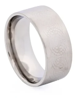 Cudworth Brushed Stainless Steel Ring with Lasered Patten in Silver