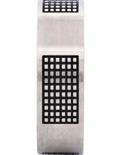 Cudworth Brushed Stainless Steel Ring with Enamel Lattice Pattern in Black