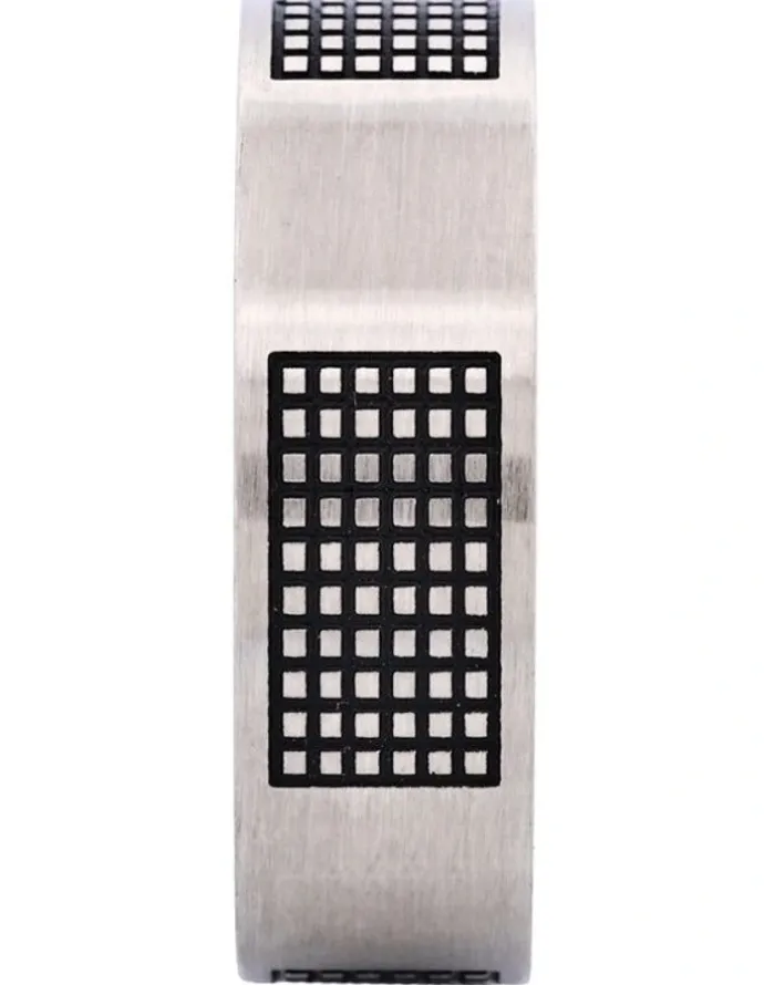 Cudworth Brushed Stainless Steel Ring with Enamel Lattice Pattern in Black