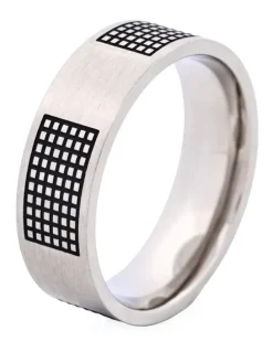 Cudworth Brushed Stainless Steel Ring with Enamel Lattice Pattern in Black
