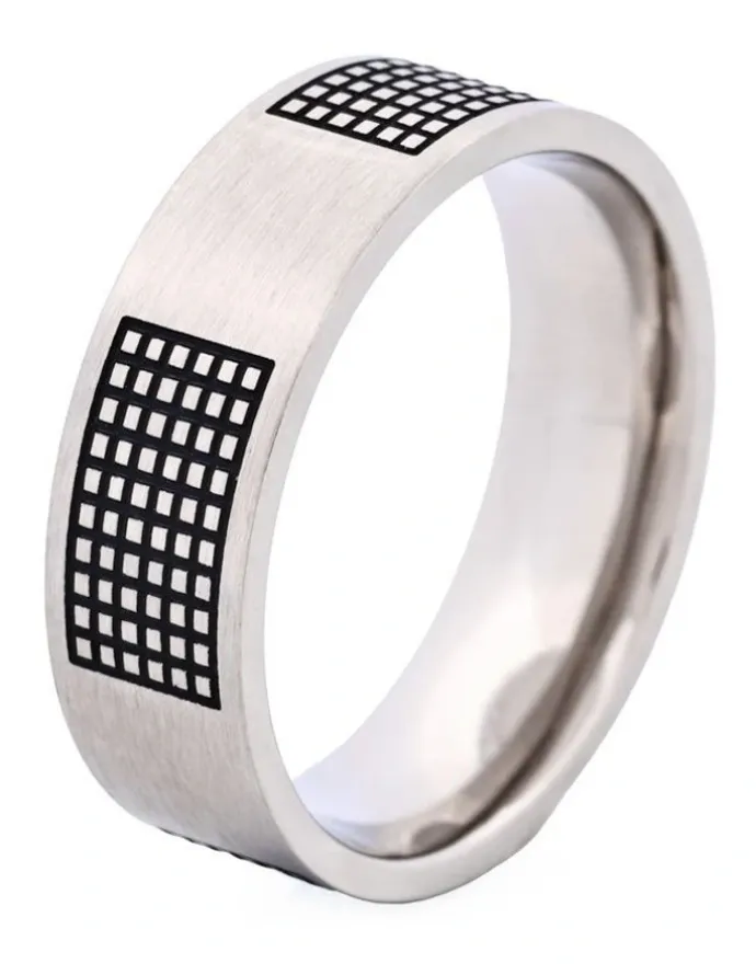 Cudworth Brushed Stainless Steel Ring with Enamel Lattice Pattern in Black