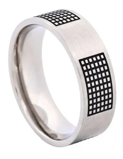 Cudworth Brushed Stainless Steel Ring with Enamel Lattice Pattern in Black