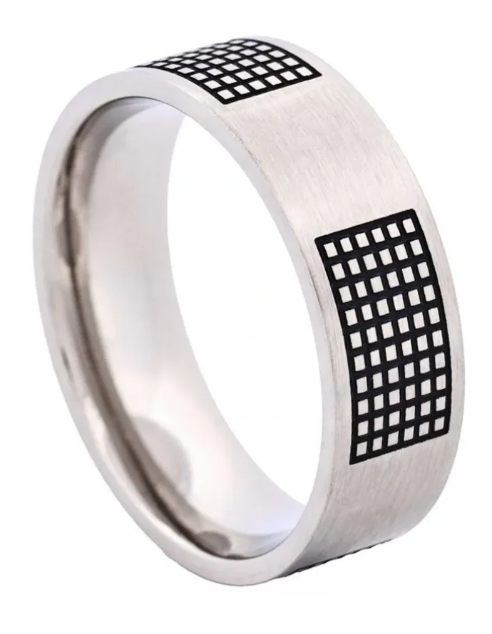 Cudworth Brushed Stainless Steel Ring with Enamel Lattice Pattern in Black