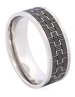 Cudworth Brushed Stainless Steel Ring with enamel Brick Pattern in Black
