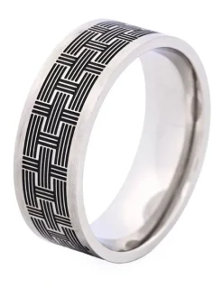 Cudworth Brushed Stainless Steel Ring with enamel Brick Pattern in Black