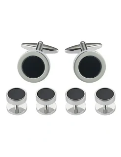 Cudworth Cufflinks & Dress Studs Round Rhodium Plated + Black Inlay (201-21 405-21R) Set of 6 in Black