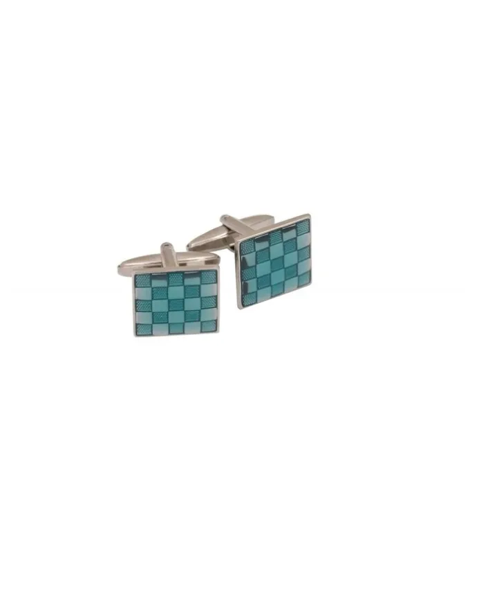 Cudworth Enamel Check Cufflinks in Teal