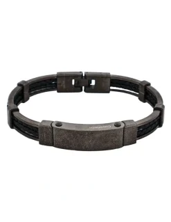 Cudworth Ion Plated Antique Stainless Steel And Black Leather Bracelet in Gunmetal