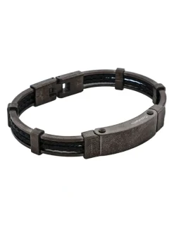Cudworth Ion Plated Antique Stainless Steel And Black Leather Bracelet in Gunmetal