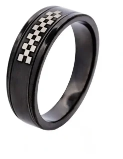 Cudworth Ion Plated Black Stainless Steel Ring with Check Pattern in Black