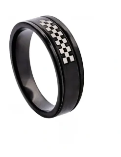 Cudworth Ion Plated Black Stainless Steel Ring with Check Pattern in Black