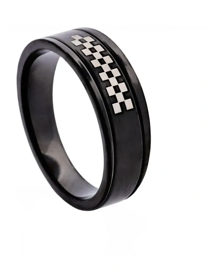 Cudworth Ion Plated Black Stainless Steel Ring with Check Pattern in Black