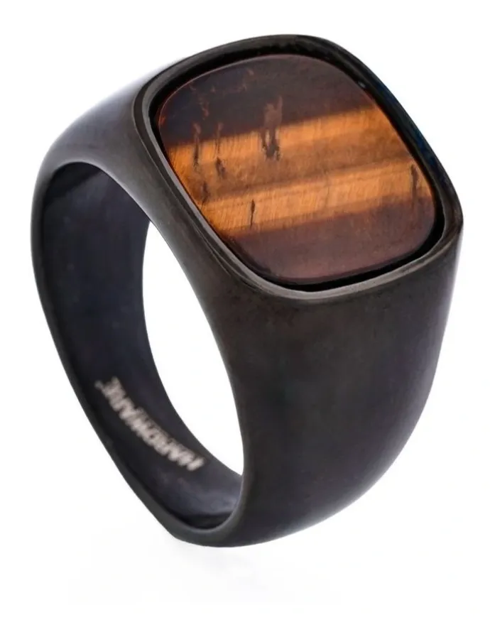 Cudworth Ion Plated Polished Stainless Steel /Tiger eye Signet Ring in Black