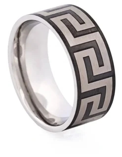 Cudworth Ion Plated Stainless Steel Ring with Frosted Greek Key Pattern in Black