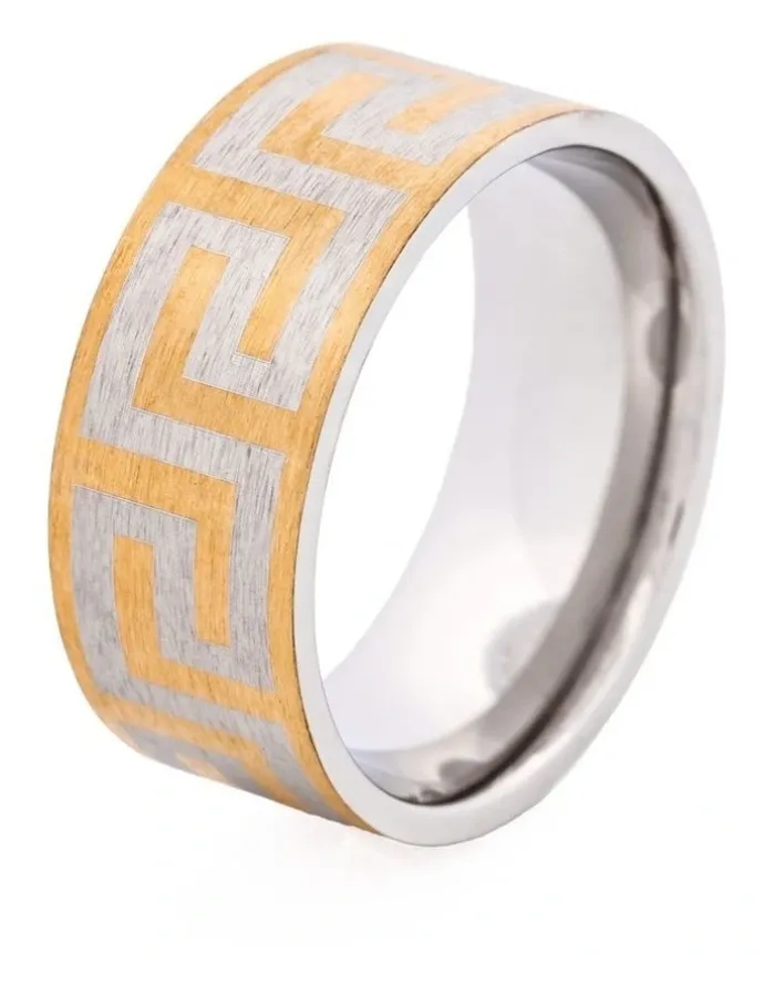 Cudworth Ion Plated Stainless Steel Ring with Frosted Greek Key Pattern in Yellow Gold