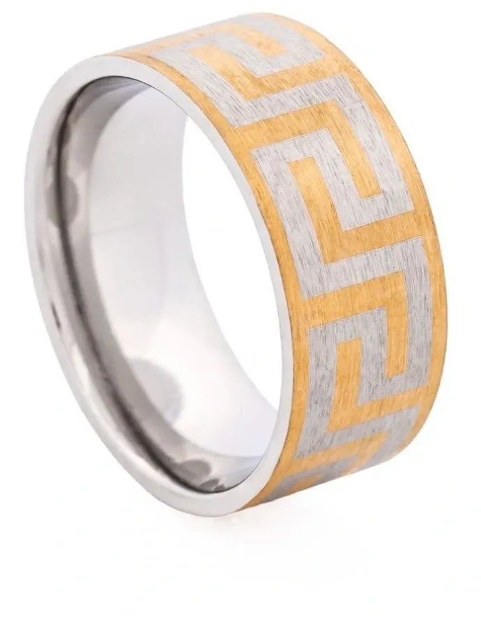 Cudworth Ion Plated Stainless Steel Ring with Frosted Greek Key Pattern in Yellow Gold