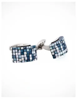 Cudworth Mosaic Mother Of Pearl Curved Rhodium Plated Cufflinks in White