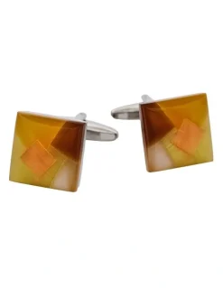 Cudworth Patterned Cats Eye Cufflinks in Yellow/Brown