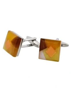 Cudworth Patterned Cats Eye Cufflinks in Yellow/Brown