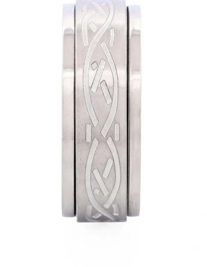 Cudworth Polished and Brushed Stainless Steel Spinner Ring with Etched Centre Pattern in Silver