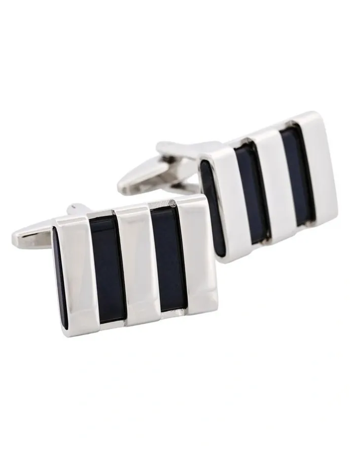 Cudworth Polished Rhodium Plated Striped Onyx Cufflinks