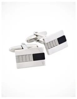 Cudworth Polished Rhodium Plated Onyx with Corrugated Pattern Rectangle Cufflinks in Multi