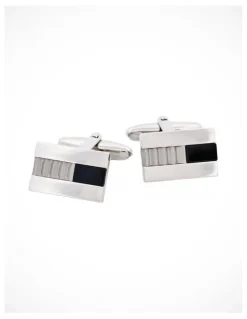 Cudworth Polished Rhodium Plated Onyx with Corrugated Pattern Rectangle Cufflinks in Multi