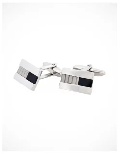 Cudworth Polished Rhodium Plated Onyx with Corrugated Pattern Rectangle Cufflinks in Multi