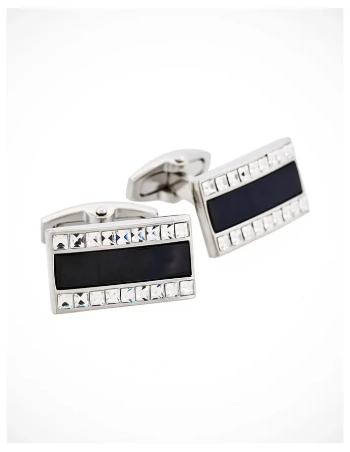 Cudworth Polished Rhodium with Onyx & Crystal Rectangle Cufflinks in Black