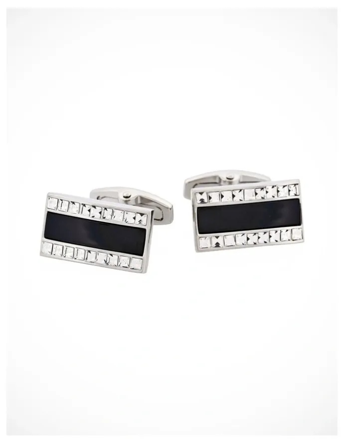 Cudworth Polished Rhodium with Onyx & Crystal Rectangle Cufflinks in Black